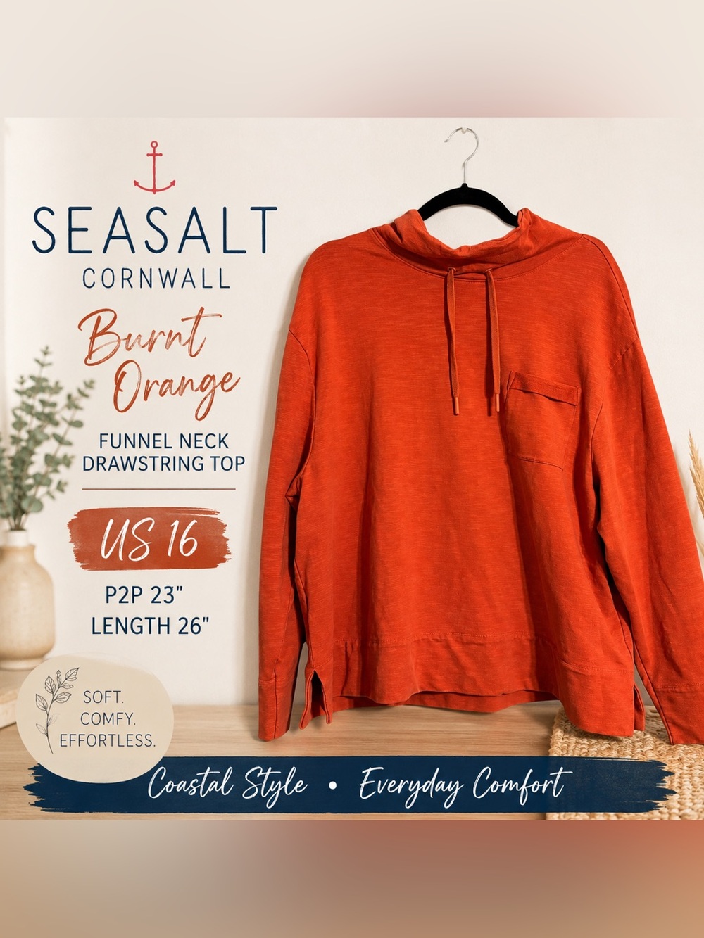 Seasalt Cornwall Burnt Orange Funnel Neck Drawstring Top US 16 Cotton Blend